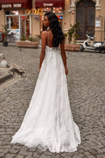 Dounia Gown - Lace A-Line Backless Bridal Gown with Thin Straps 
