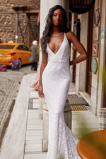 Kalila - White Sequin Mermaid Gown With Plunge Neck & Criss Cross Back