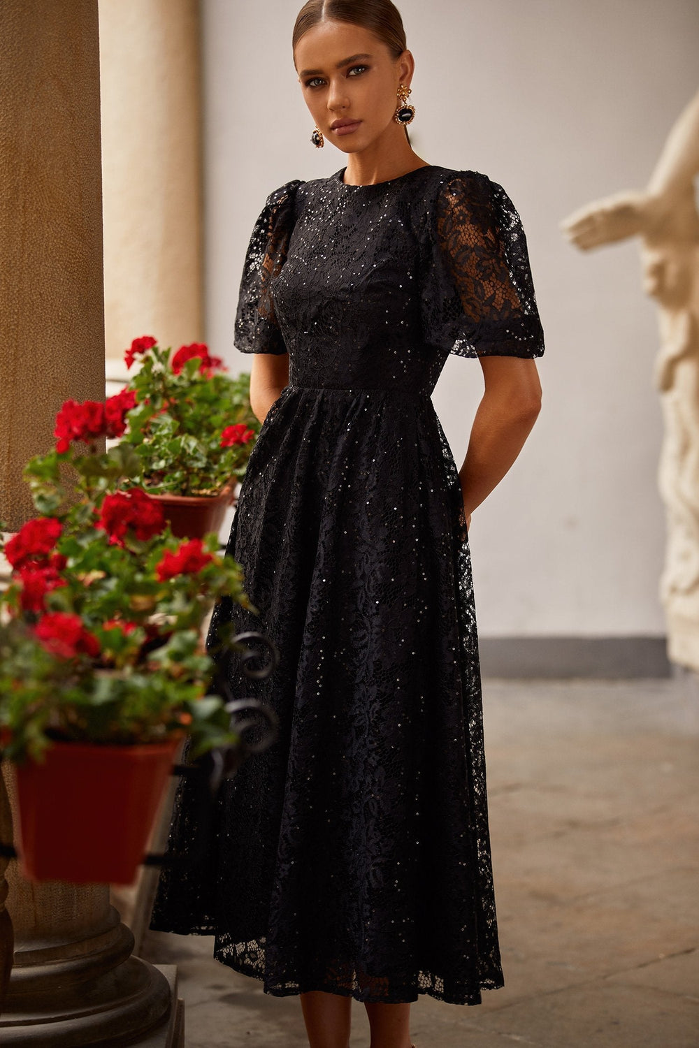 Manon Black Lace Dress with Lace-Up Back