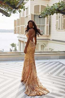 Alayna - Gold Patterned Sequin Gown With Cowl Neck & Criss Cross Back