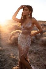 A&N Luxe Yoven - Rose Gold Sequin Gown with Lace-Up Back & Side Slit