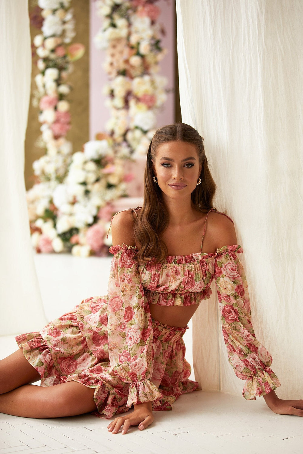 Shailee - Floral Set with Cropped Off-Shoulder Top & A-Line Mini Skirt