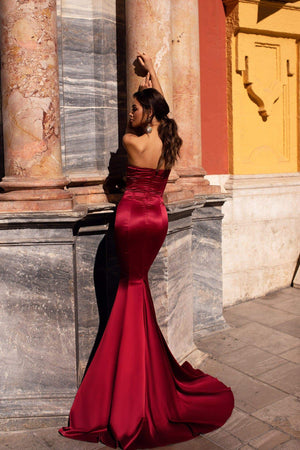 Emely - Wine Red Strapless Satin Mermaid Gown