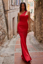 Betty - Red Satin Gown with One-Shoulder Sleeve