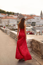 Mirela Red Satin Maxi Gown with Side Slit