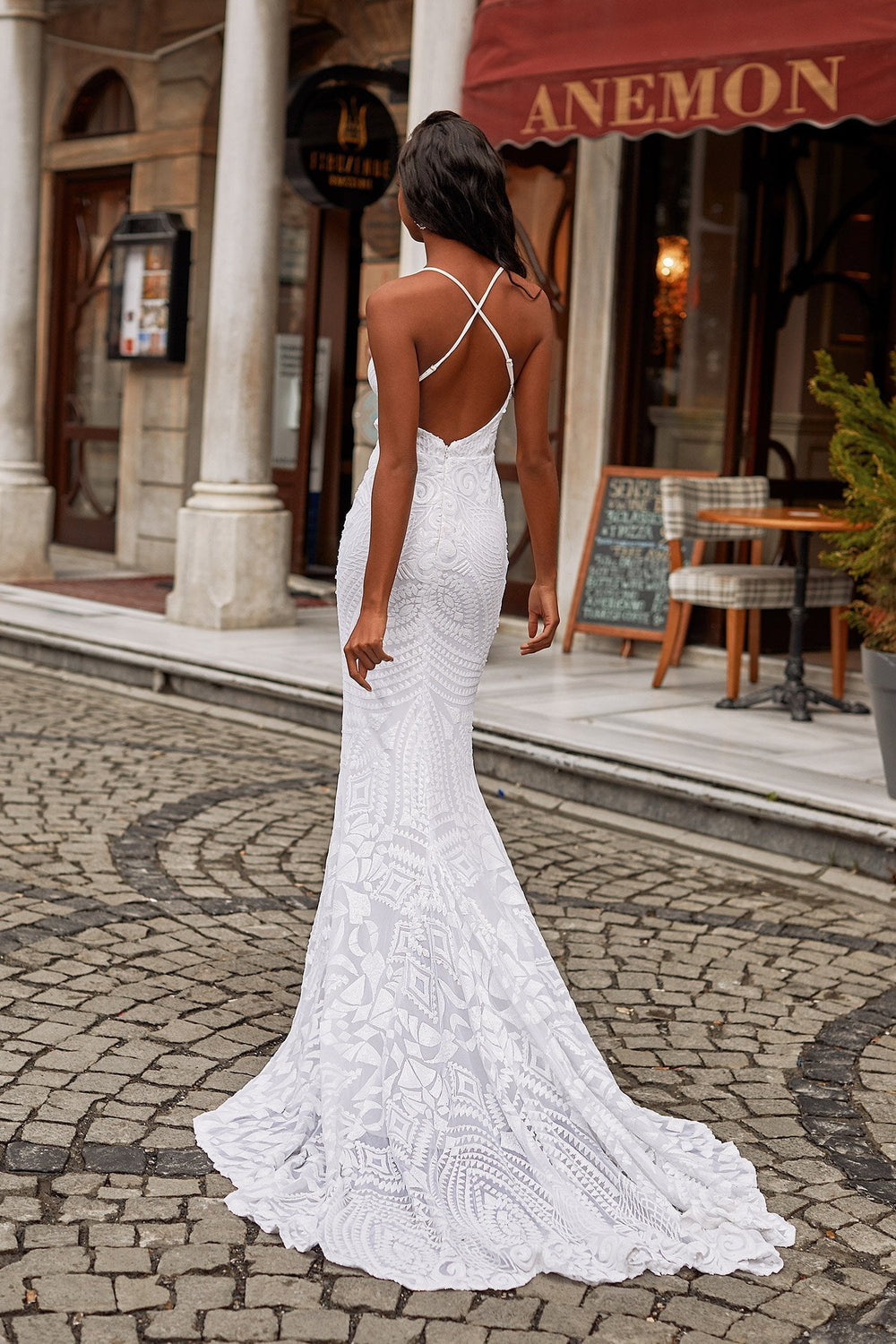 Kalila - White Sequin Mermaid Gown With Plunge Neck & Criss Cross Back