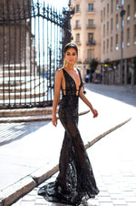 Elyse - Black Patterned Sequins Gown with Plunge Neck & Open Back