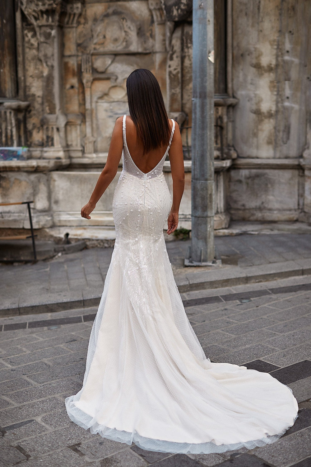 Aysun Gown - Structured Bridal Gown with Floral details and Open Back