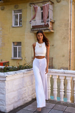 Lais Tank - White Ribbed Cropped Tank Top with Gold Foil Butterfly Print