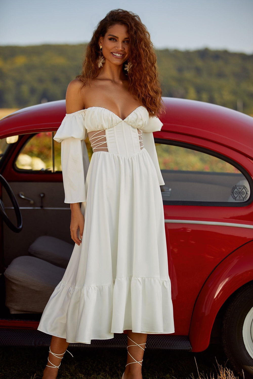 Adena Dress Alamour The Label Adena White Satin Midi with Sheer Sides | Afterpay | Klarna