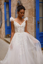 A&N Chrysie - White Boho Bridal Gown with Pearls & Short Sleeves