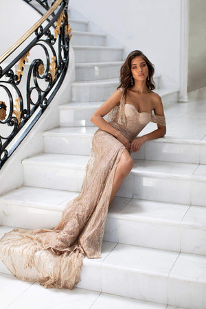 Gabriela - Gold Sweetheart Glitter Gown with Nude Lining & Side Slit