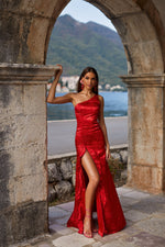 Mirela Red Satin Maxi Gown with Side Slit