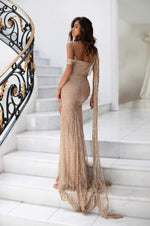 Gabriela - Gold Sweetheart Glitter Gown with Nude Lining & Side Slit