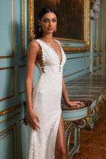 Harmonia - White Lace Fabric Gown with Plunge Neck & Open Sides