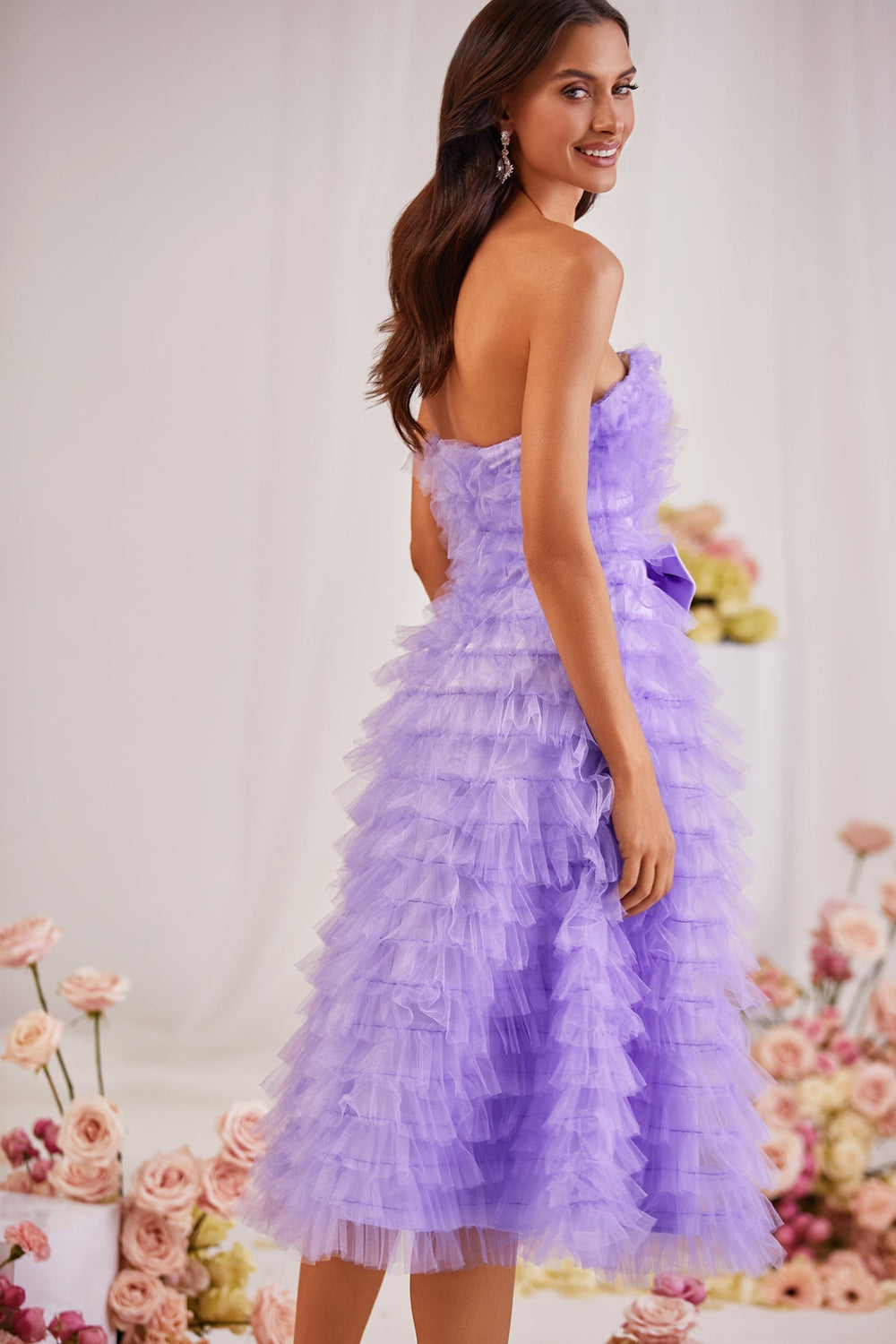 Tiana Lilac Tulle Strapless Midi Dress with Bow Belt