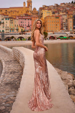 Rosamund - Rose Gold Sequin Gown with Lace-Up Back