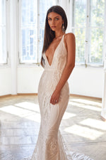  Ciara - White Sequin Fitted Gown with Plunge Neck & Lace-Up Back