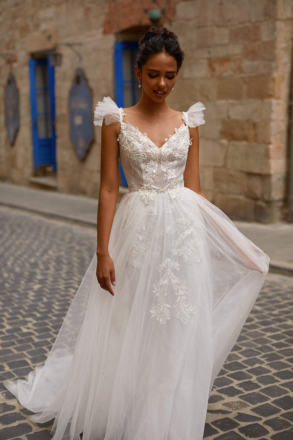 A&N Chrysie - White Boho Bridal Gown with Pearls & Short Sleeves