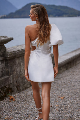 Violante White Mini Dress with Waist Cut-Out & Diamante Trim