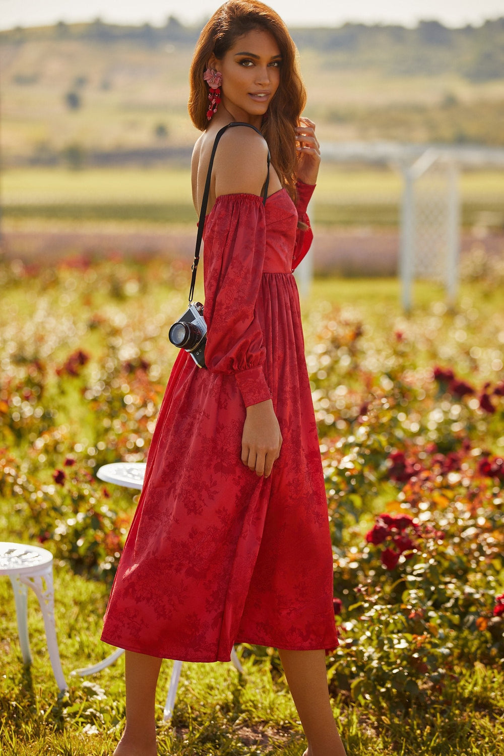Paula Red Satin Off-Shoulder Dress