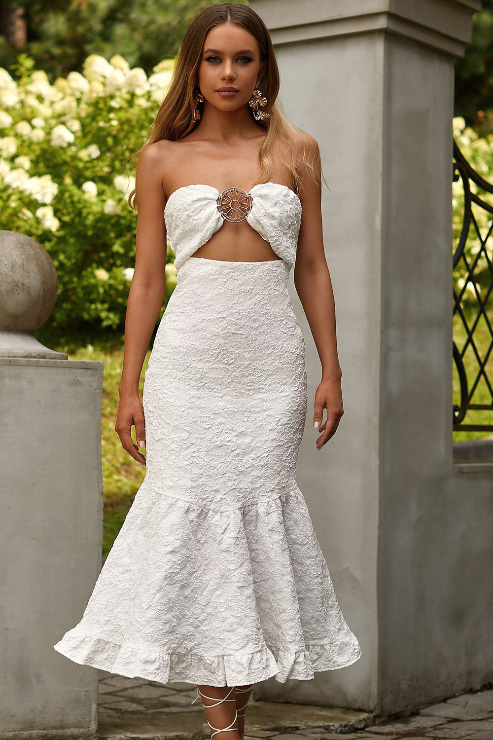 Angele Dress Alamour The Label Angele White Jacquard Midi Dress | Afterpay | Zip Pay | Sezzle