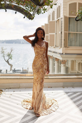 Alayna - Gold Patterned Sequin Gown With Cowl Neck & Criss Cross Back