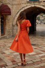Morena Orange Linen Midi Dress with Waist Cut-Out