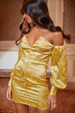 Zehra Dress - Yellow Satin Textured Mini with Long Off-Shoulder Sleeves