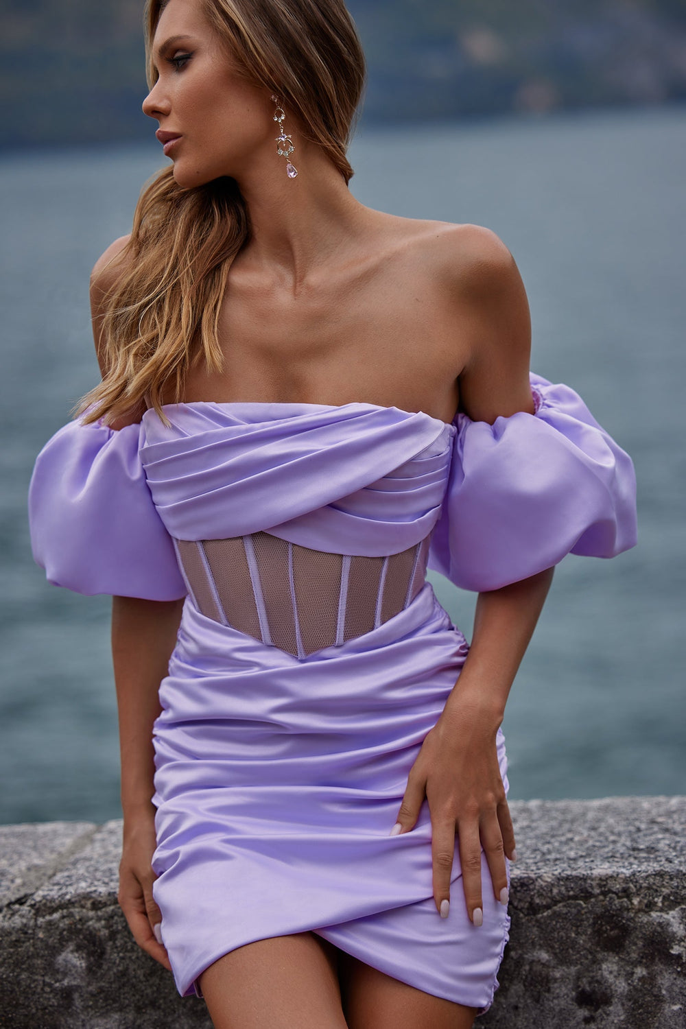 Ovica Lilac Mini Dress with Off-Shoulder Puff Sleeves and Sheer Boned Bodice