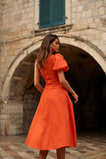 Morena Orange Linen Midi Dress with Waist Cut-Out