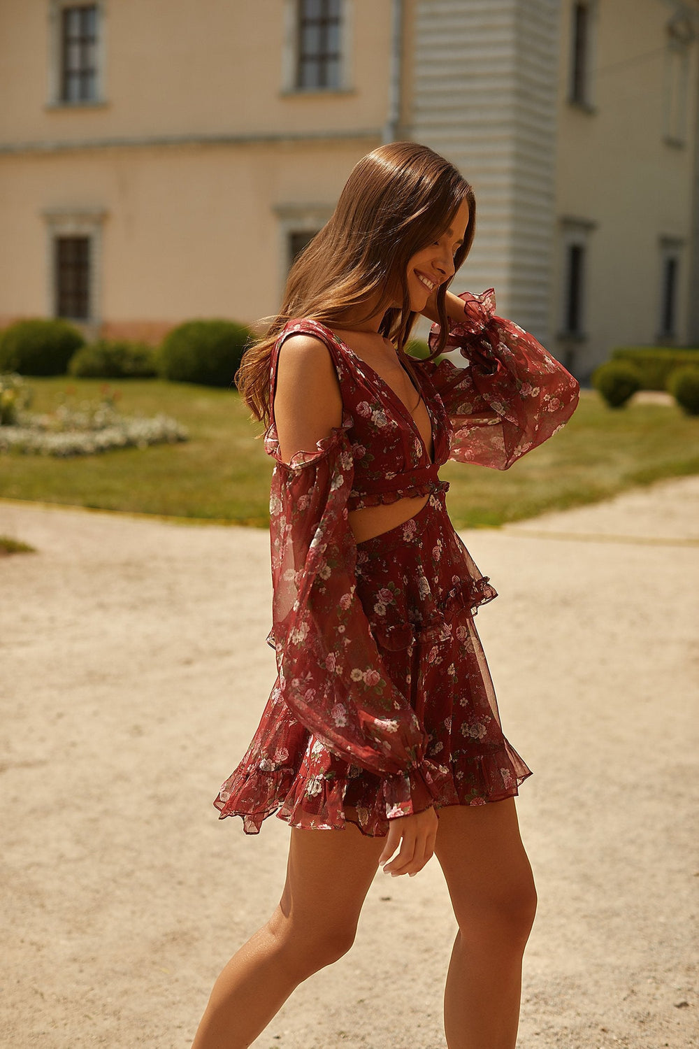 Annabell Dress Alamour The Label Annabell Dress Cut Out Floral Mini Dress with Sheer Sleeves