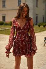 Annabell Dress Alamour The Label Annabell Dress Cut Out Floral Mini Dress with Sheer Sleeves