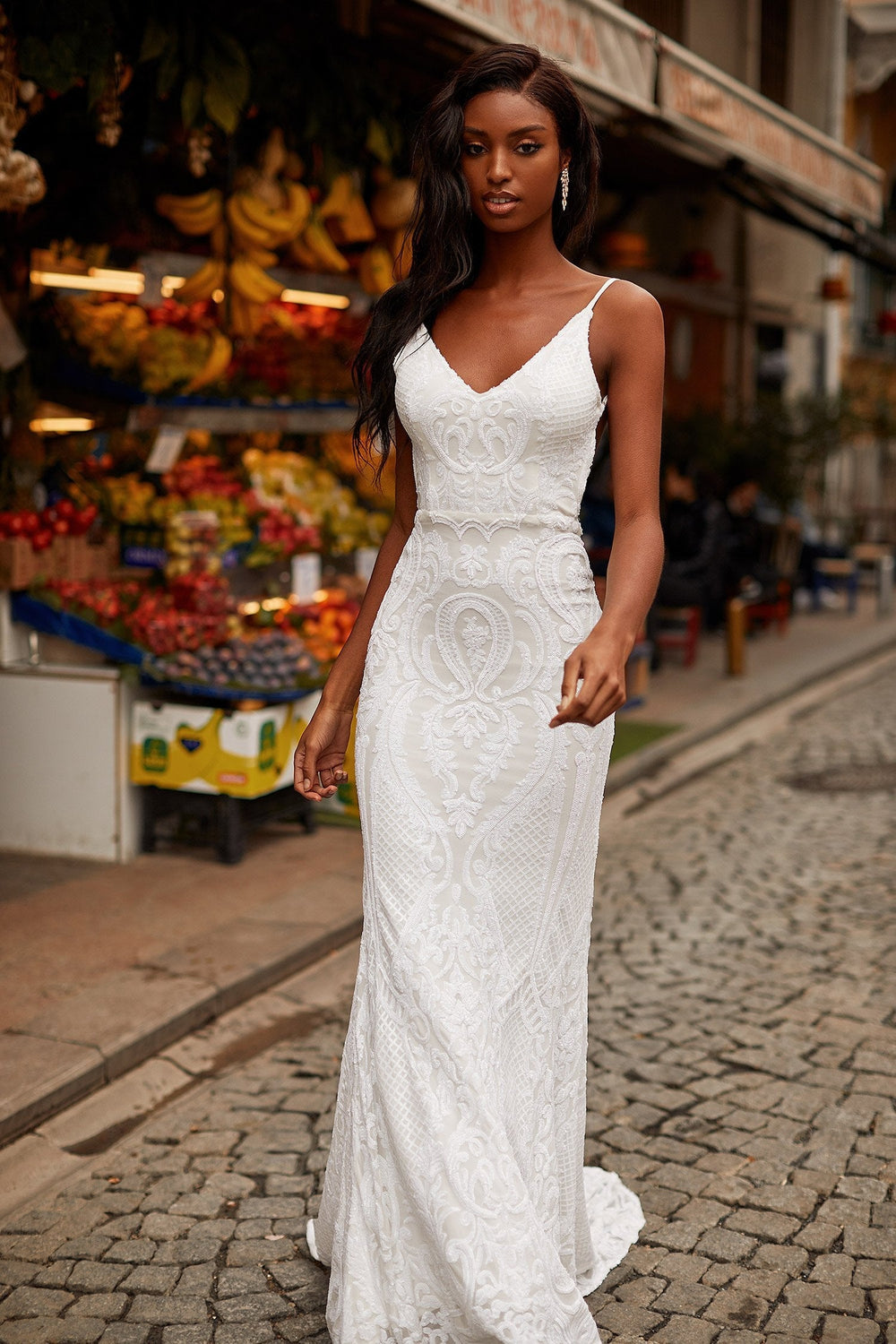 Sabrina - White Backless Fitted Sequin Gown with V-Neck & Mermaid Train