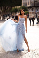Estafania - Baby Blue Beaded Tulle Gown with A-Line Skirt & Side Slit