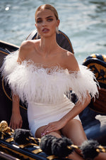 Audrina - White Scuba Mini Dress with Feathered Bodice and Detachable Sleeves