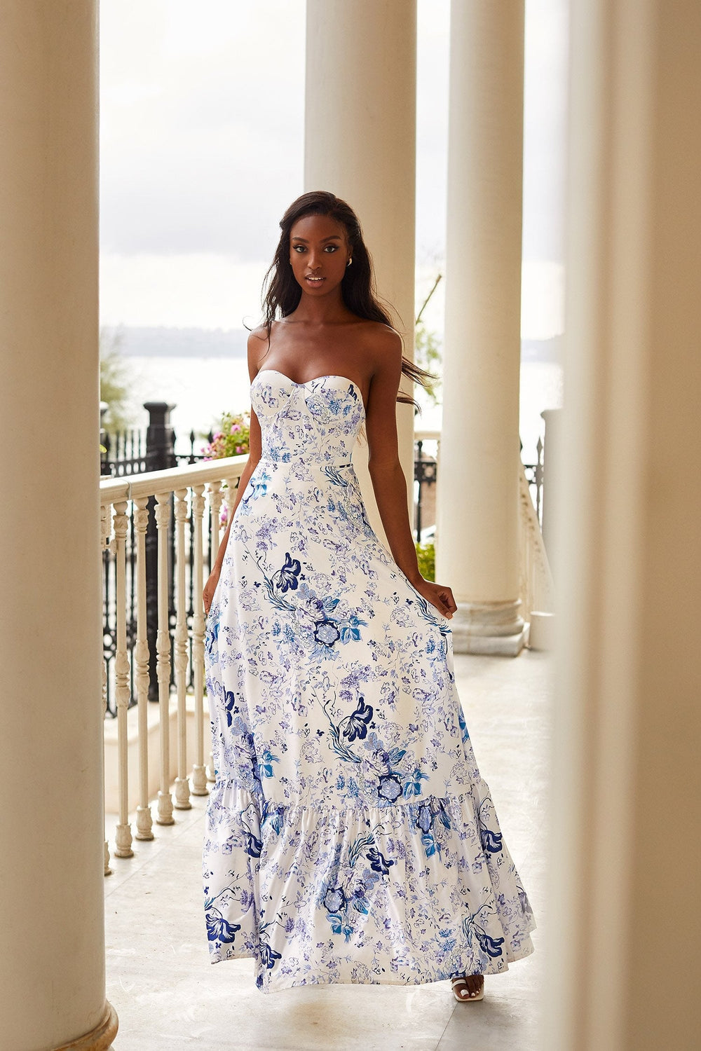 Akela Dress Alamour The Label Akela Blue & White Strapless Floral Dress | Afterpay | Zip Pay