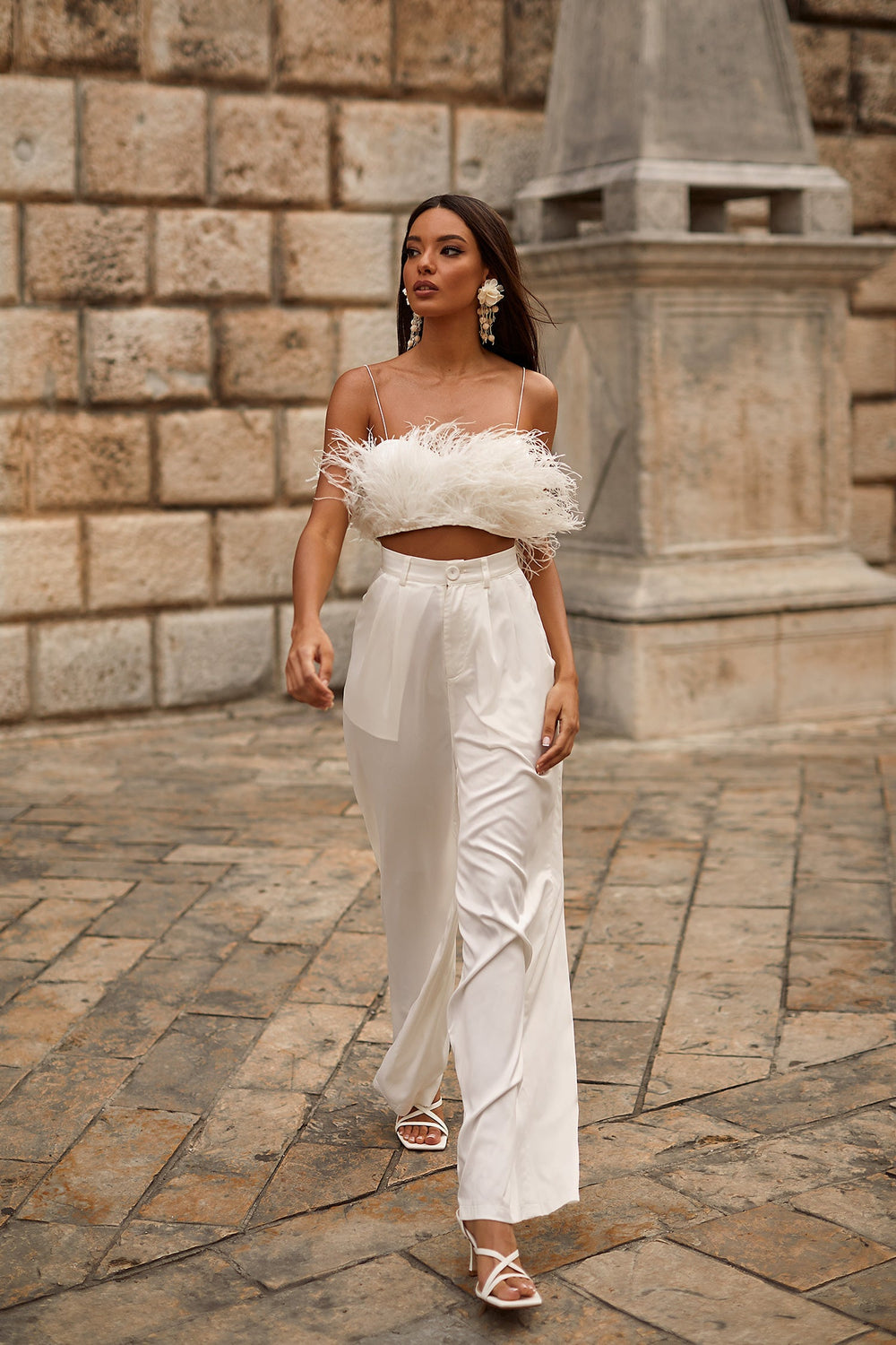 Hilma White Feather Crop Set with Satin Pants