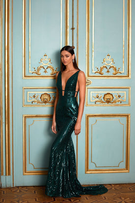 Iris - Emerald Sequin Gown with Plunge Neck & Mermaid Silhouette