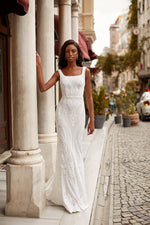 Cyndi - White Fitted Sequin Gown with Mermaid Train & Straight Neckline