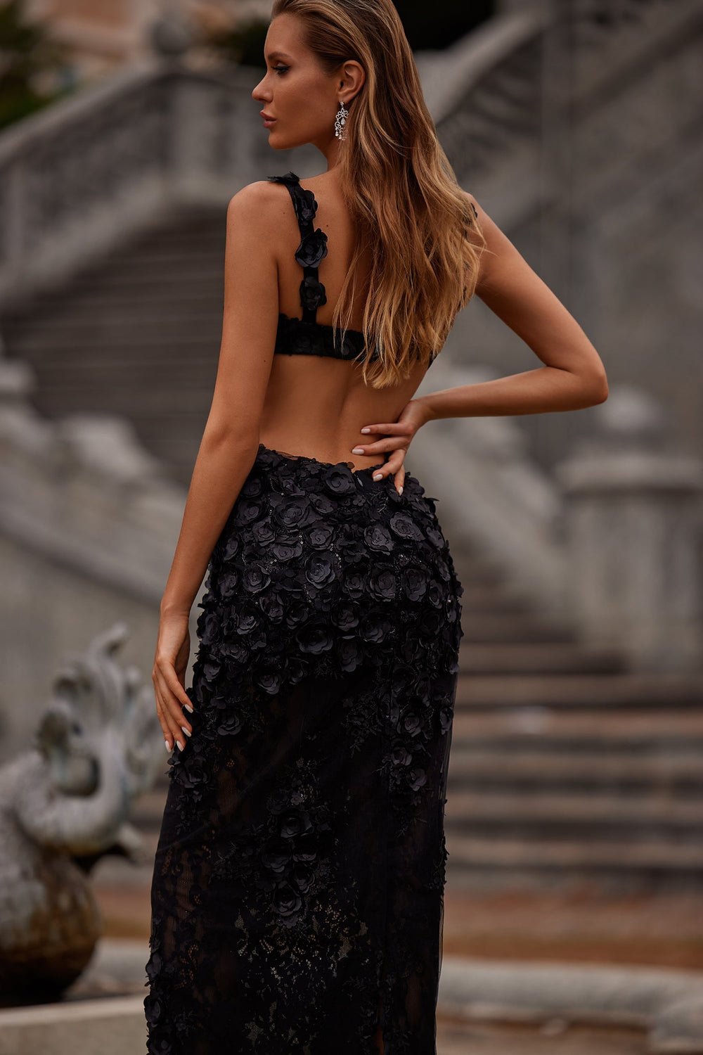Noemi Black Sheer 3D Floral Cut-Out Dress