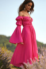 Analu Hot Pink Pleated Midi Dress
