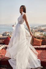 Ceyda Gown - Tulle Bridal Gown with Bow Sleeves & Two Side Slits