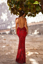 Lendina - Red Sequin Prom Gown with Scoop Neckline