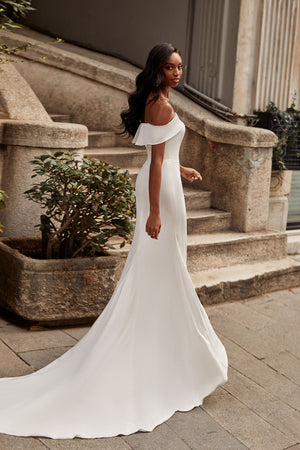 Crystal Gown - White Fitted Crepe Off-Shoulder Mermaid Gown With Train