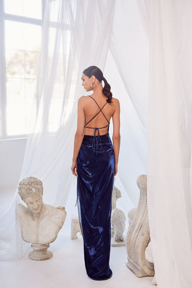 Claudia Navy - Iridescent Navy Cowl Neck Gown with Lace-Up Back