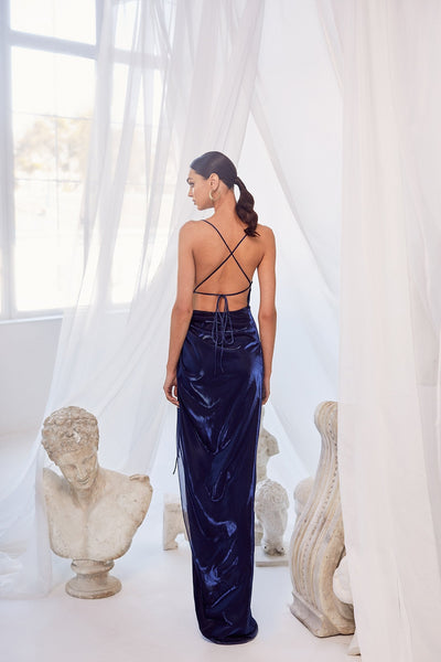 Claudia Navy - Iridescent Navy Cowl Neck Gown with Lace-Up Back