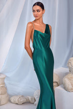 Olimpia Gown - Emerald Satin Gown with Cowl Neck & Diamante Strap