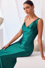 Olimpia Gown - Emerald Satin Gown with Cowl Neck & Diamante Strap