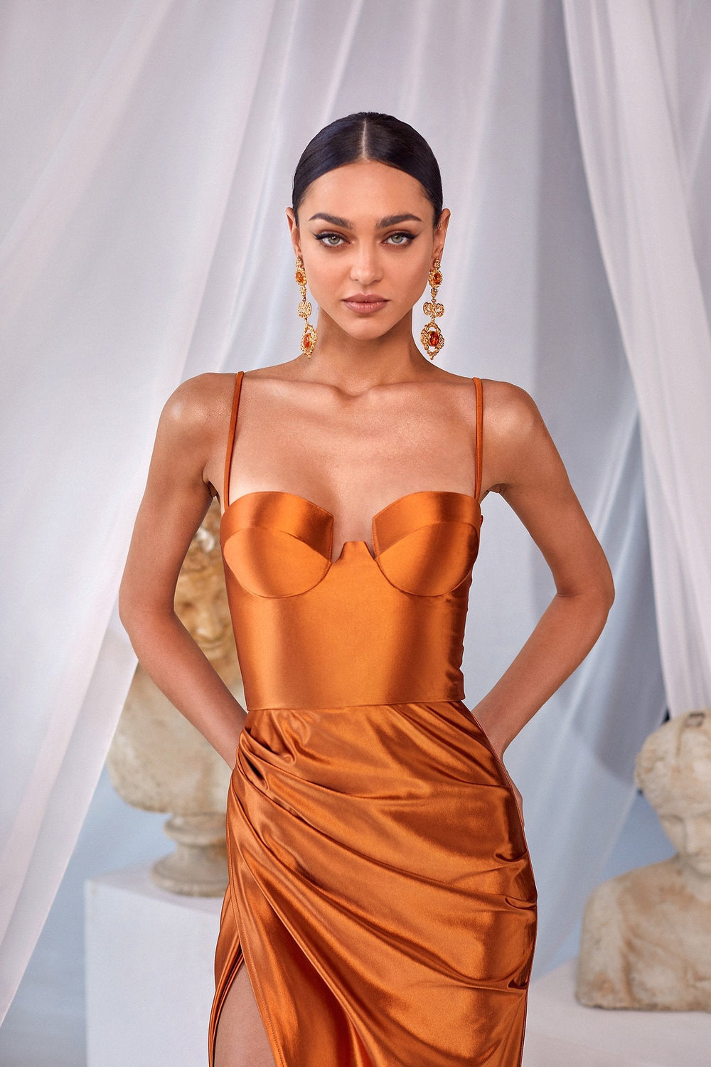 Nevali Orange - Satin Gown with Ruched Side & Padded Cups